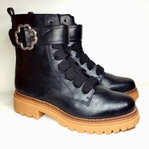Sam & Libby Black Boots Combat Moto Lug Sole Ankle Strap Buckles Vegan 11